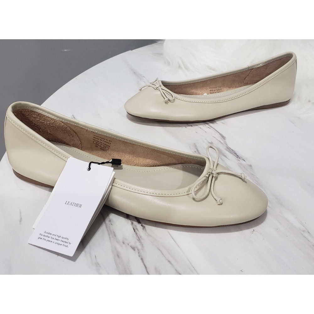 NEW MANGO MNG BEIGE LEATHER BOW DETAIL BALLERINA BALLET FLATS SHOES SZ 39 US 8.5